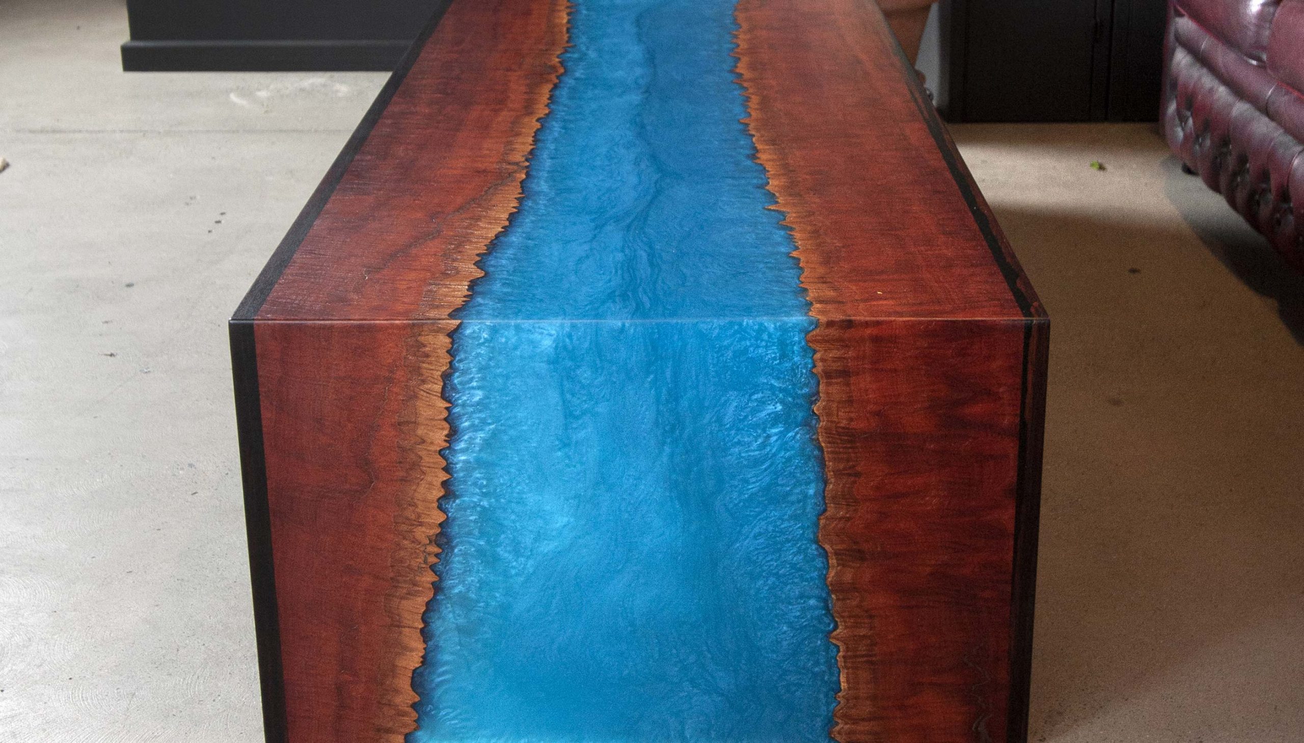 Epoxy resin blue river coffee table waterfall edge